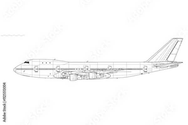 Fototapeta Boeing 747-100. Vector drawing of wide-body jet airliner. Side view. Image for illustration and infographics.