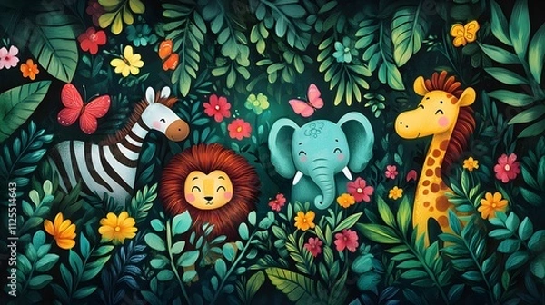 Obraz Colorful jungle animal with dense foliage and vivid flower in a whimsical cartoon style