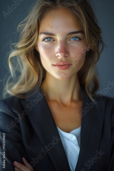 Fototapeta A woman with bright blue eyes poses for the camera, her expression calm and serene