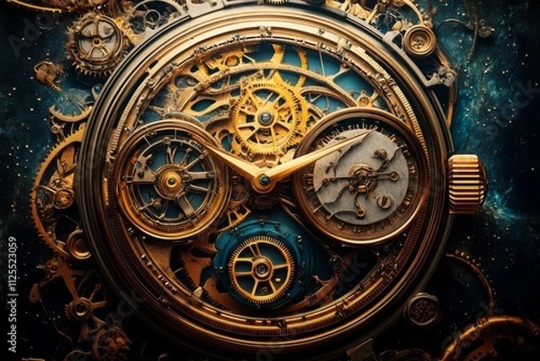Fototapeta A masterpiece of steampunk design, this clock features intricate interlocking golden gears and detailed dials, capturing the essence of Victorian-era mechanical art.