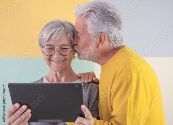 Fototapeta Caucasian smiling modern senior woman looking at digital tablet, husband kissing her expressing love and affection