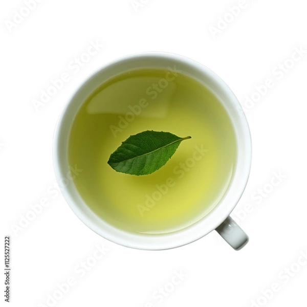 Fototapeta PNG of A serene cup of green tea featuring a fresh leaf on top, symbolizing calmness and relaxation on transparent background