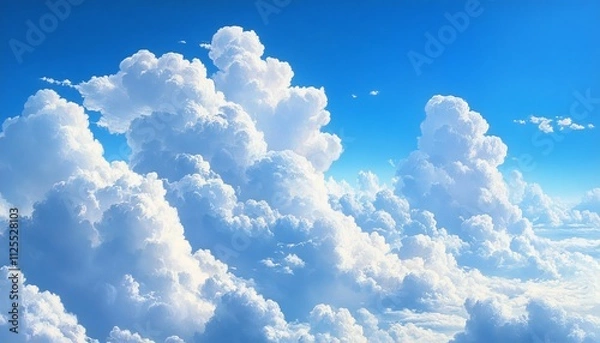 Fototapeta Billowing Cloudscape Dreamscape of Fluffy White Clouds and Sunlight Against a Deep Blue Sky
