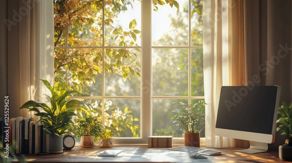 Fototapeta Sunlit home office desk with plants and computer near window