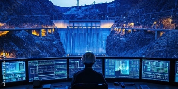 Fototapeta A technician monitors hydroelectric power generation in a control room, showcasing the fusion of technology and renewable energy management.