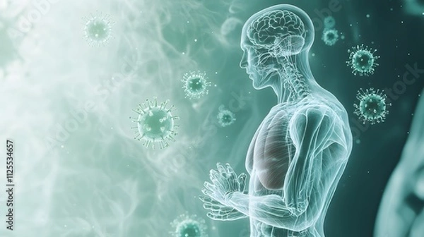 Obraz Skeleton of a human immersed in green glowing environment surrounded by virus, depicting anatomy detail with futuristic element