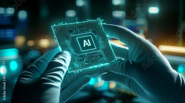 Obraz AI computer chip, scientist holding computer chip, artificial intelligence technology