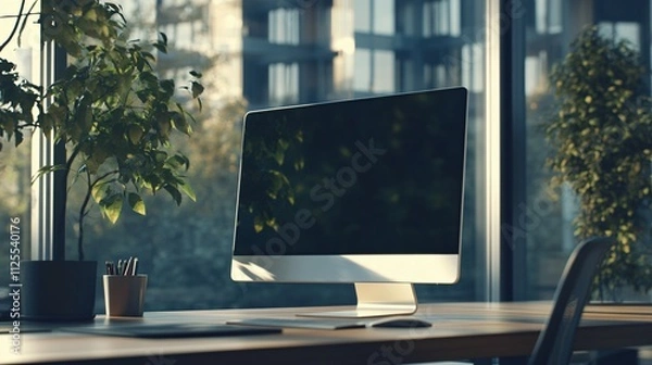 Obraz Modern desktop computer near window with plants