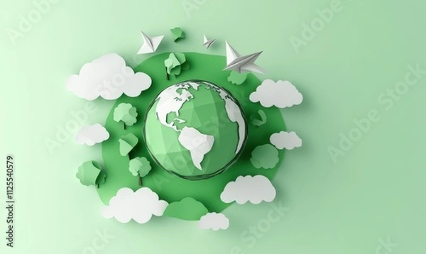 Fototapeta Creative Paper Cut Style Design of a Green Earth Surrounded by Trees, Clouds, and Paper Planes in a Minimalist Aesthetic on Soft Green Background