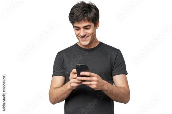 Fototapeta Young man standing, looking at screen of phone with smile, browsing web pages or chatting with friend
