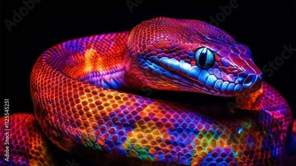 Fototapeta Vibrant, colorful snake coiled on black background.