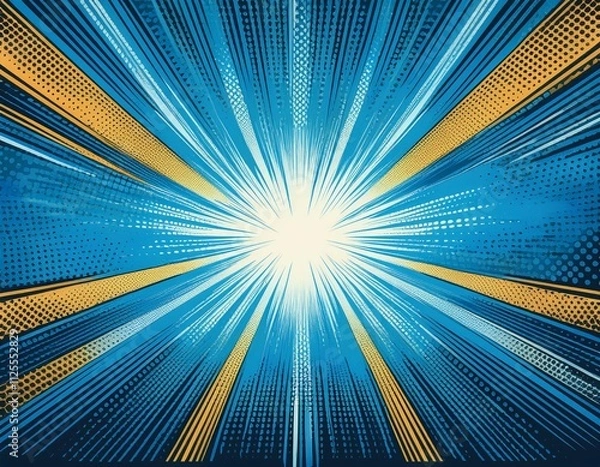 Fototapeta comic style background with pop art textures starburst anime design with explosion effects blue backdrop and halftone gradients fun dot pattern included