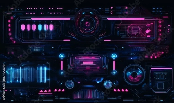 Fototapeta black background with neon lights, geometric patterns, and futuristic elements modern tech style