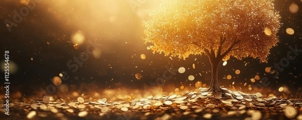 Fototapeta Abstract golden tree growing from scattered coins, symbolizing longterm growth in investment, warm tones, uplifting mood