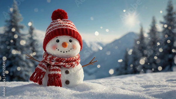 Obraz Winter Snowman in Snow, Close-up Picture of Snowman with Hat and Scarf, Happy Snowman in Winter Snow, Happy Snowman with Hat and Scarft on Winter Background 