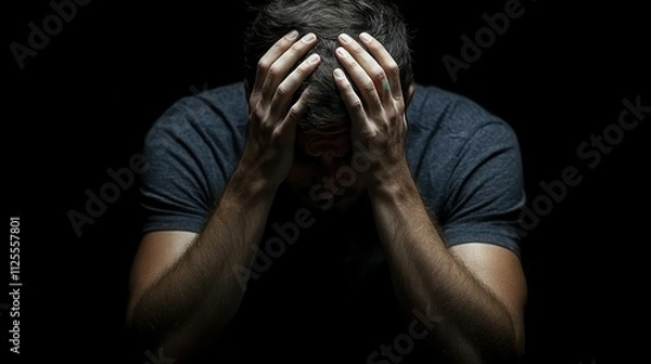 Fototapeta A man is crying with his hands on his head. Concept of sadness and despair