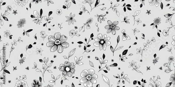 Fototapeta Seamless charcoal small floral elements wallpaper design with intricate hand-drawn flowers and leaves, small, design