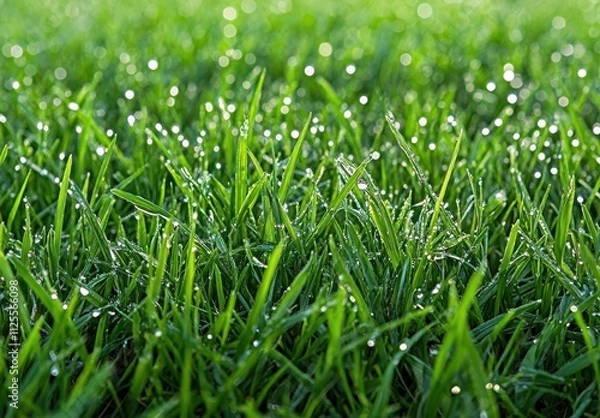 Fototapeta Fresh Dewdrops Glimmering on Lush Green Grass in Morning Light, Creating a Serene and Invigorating Natural Landscape Scene