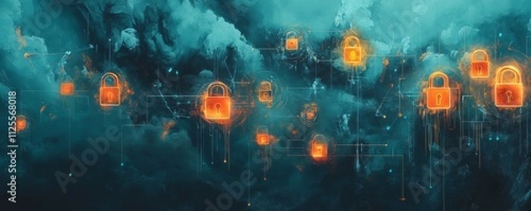 Fototapeta Cloud network with digital padlocks, glowing icons representing safe data exchange and protection in cloud security
