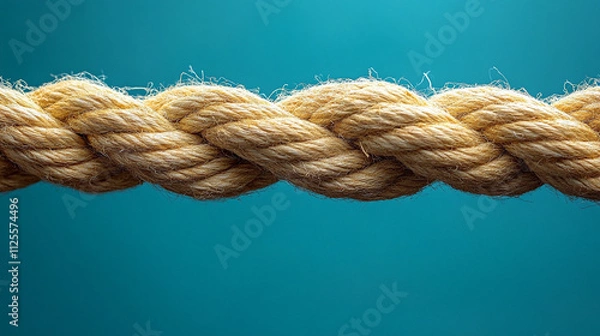 Fototapeta close-up of a fraying rope breaking in the middle, held tightly by two opposing hands. Symbolizes conflict, tension, division, struggle, resilience, or the breaking point in relationships