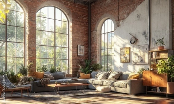 Fototapeta spacious open-plan living room with high ceilings large windows and modern furniture stylish interior design