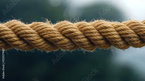 Fototapeta close-up of a fraying rope breaking in the middle, held tightly by two opposing hands. Symbolizes conflict, tension, division, struggle, resilience, or the breaking point in relationships