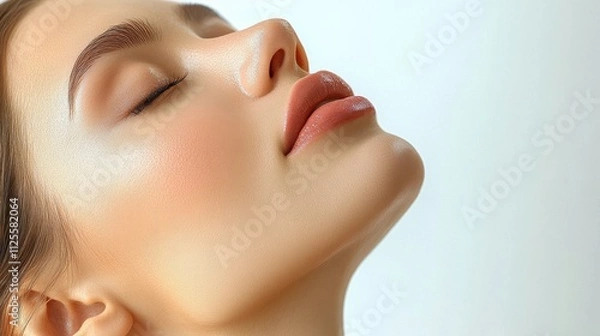 Fototapeta A woman with a white background and a smiling face. She has a light makeup and her eyes are closed