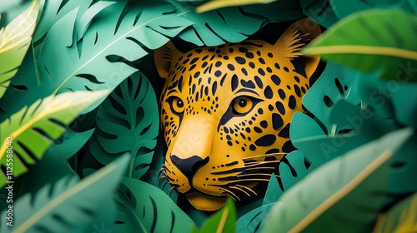 Fototapeta Vibrant leopard in lush junglescape with layered green foliage