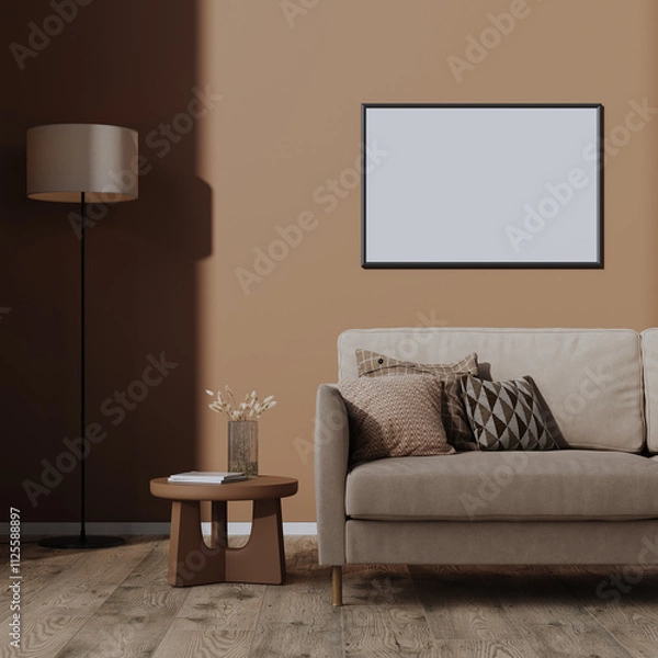 Fototapeta Blank horizontal  frame mock-up on brown mocha mousse color wall in living room interior, 3d render