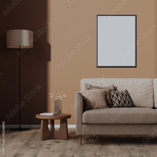 Fototapeta Blank frame mock-up on brown mocha mousse color wall in living room interior, 3d render