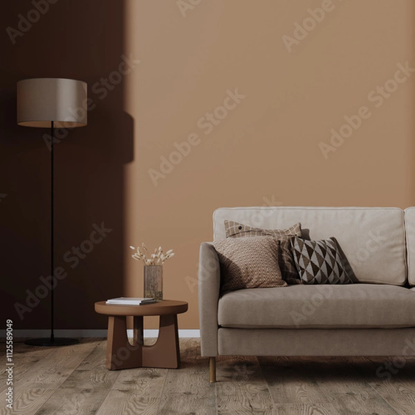 Fototapeta Modern living room interior mock-up, mocha mousse brown color, 3d render