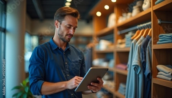 Fototapeta A young Caucasian man uses a tablet in a modern clothing store, surrounded by neatly arranged garments on wooden shelves.