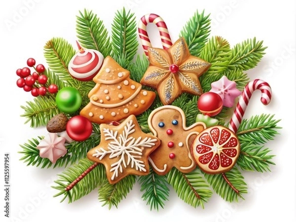 Fototapeta A charming vector design showcasing delightful cookies, sweets, and fir branches set against a crisp white background, perfect for spreading holiday cheer and seasonal greetings.