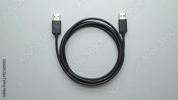 Obraz A single USB cable neatly coiled in a circular pattern, placed on a plain gray background, highlighting its simplicity and functionality.

