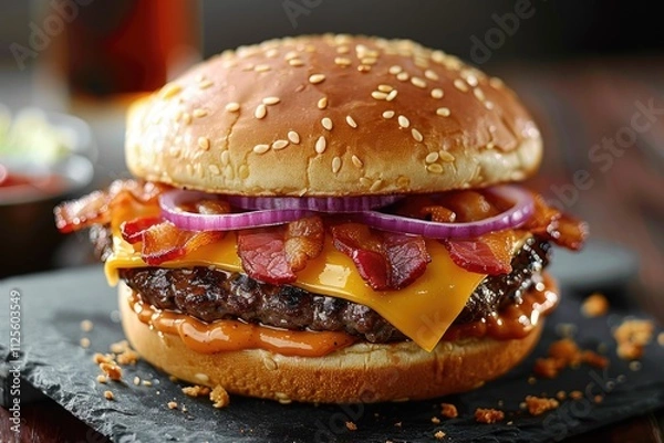 Obraz A juicy burger topped with crispy bacon, caramelized onions, and melted cheese
