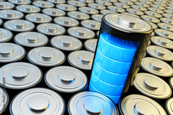Obraz Koncepcja źródła energii elektrycznej i zasilania, tło z bateriami i baterią akumulatorów z niebieskim widokiem zbliżenie poziomu ładowania