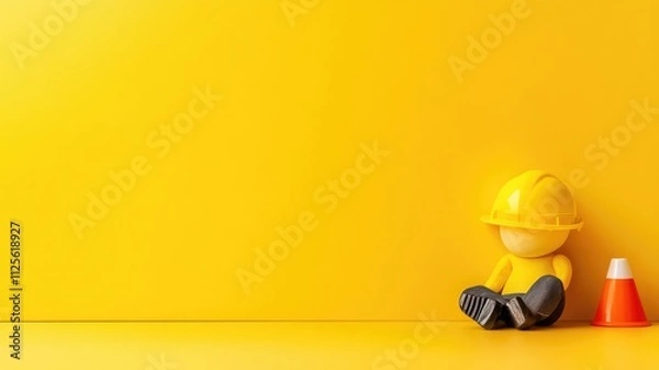 Fototapeta Yellow toy construction worker sitting next to orange cone against yellow background