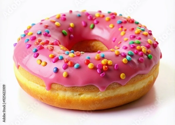 Fototapeta Dreamy pink donut with colorful sprinkles, set on a pristine white background, ideal for creative designs and captivating food photography. A delightful visual treat!