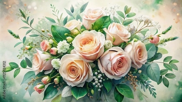 Fototapeta Elegant watercolor bouquet featuring blush peach, pink, and white flowers alongside lush green and branch leaves, perfect for sophisticated floral decor and arrangements.