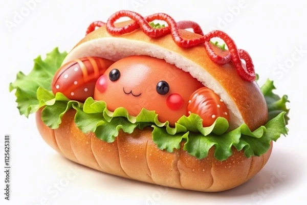 Fototapeta Endearing lobster roll clipart in Sumikko Gurashi style, showcased through macro photography against a clean white backdrop, ideal for food enthusiasts and creative illustrators.