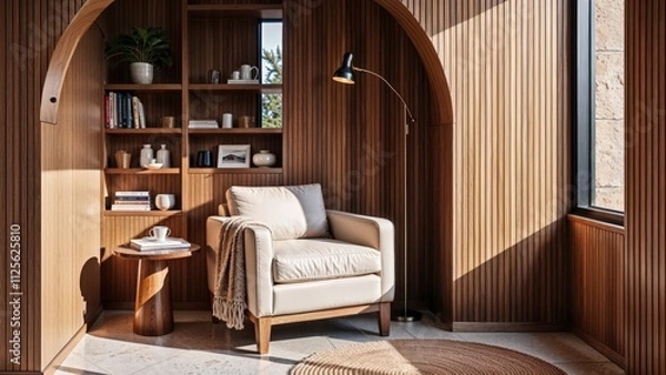 Fototapeta Generative AI, A serene reading nook with a warm oak wood interior, modern furniture, and soft natural lighting