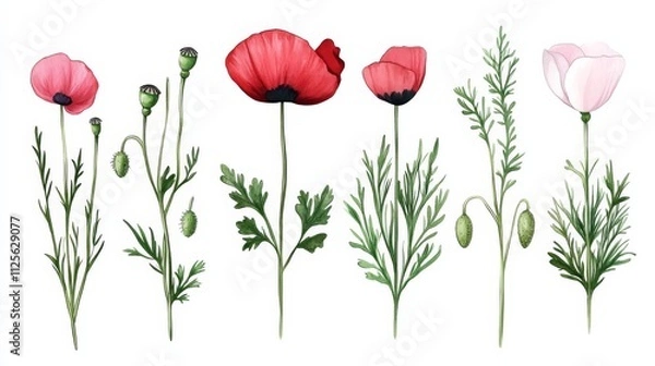 Fototapeta Watercolor red and pink poppies with green stems and buds on white background