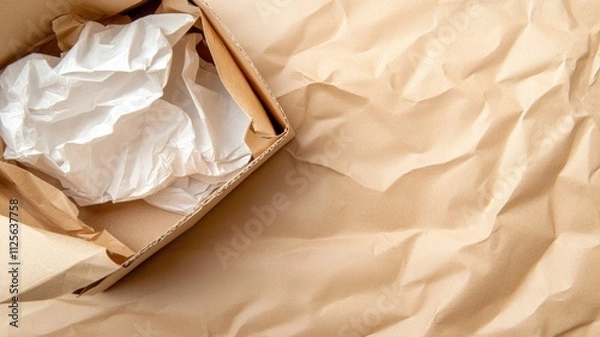 Fototapeta Crumpled brown paper with cardboard box and white tissue inside