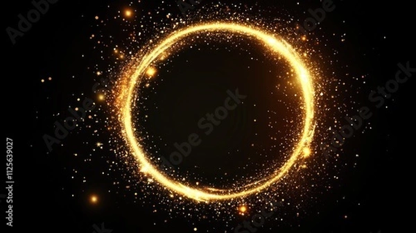 Fototapeta Gold glitter circle of light shine sparkles and golden spark particles in circle frame on black background. Christmas magic stars glow, firework confetti of glittery ring shimmer