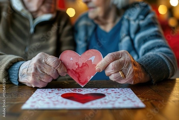 Obraz elderly couple holding a paper heart together, symbolizing love and connection at a wooden table