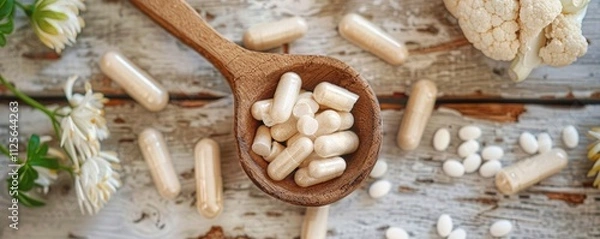 Obraz Wooden spoon with capsules, white flowers, and a cauliflower on a rustic wooden surface.