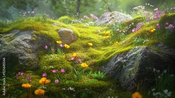 Obraz Enchanted Mossy Rock Garden: A Serene Spring Landscape