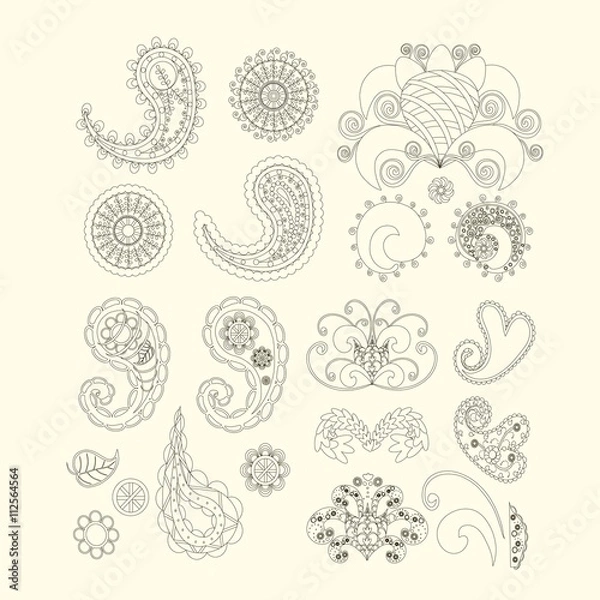 Obraz Set of cute paisley pattern (Turkish cucumber) for design of fabrics, tableware, wallpaper, isolated, vector