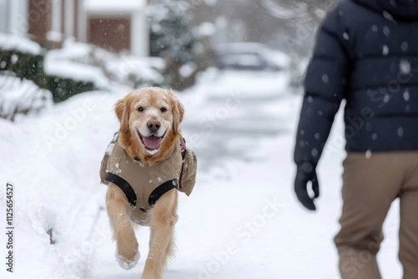 Fototapeta A happy golden retriever wearing a coat joyfully runs through the snow, showcasing a cheerful moment between the dog and its owner on a snowy day.
