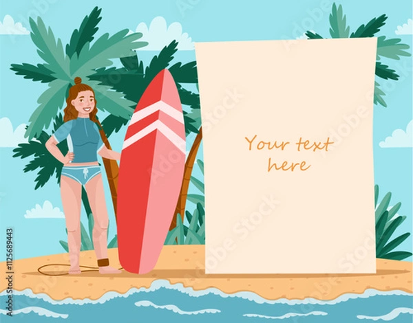 Obraz A girl in a swimsuit with a surf stands on the beach near a blank poster. Drawn in cartoon style. Vector illustration for designs, prints, patterns. Summer landscape in the background